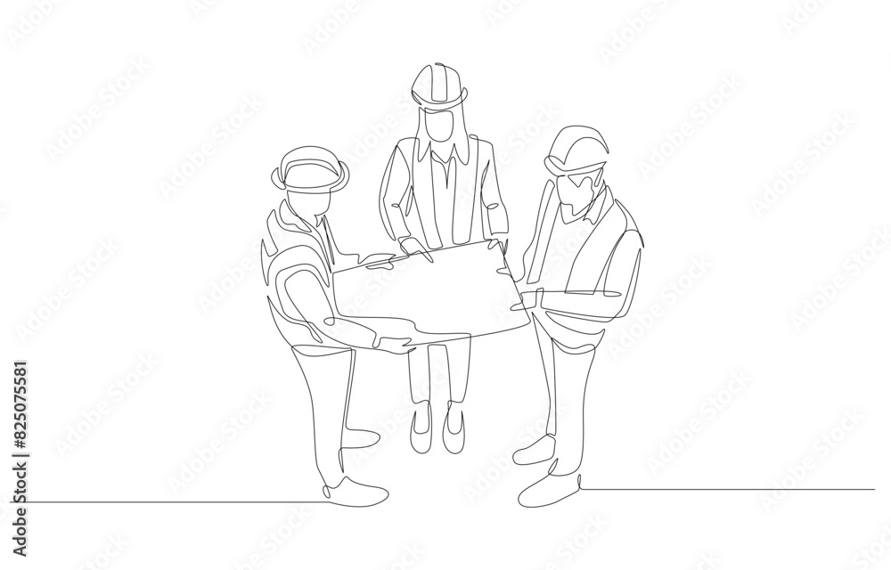 Continuous one line drawing of female construction manager discussing construction blueprint with two foremen, construction-related business concept, single line art.