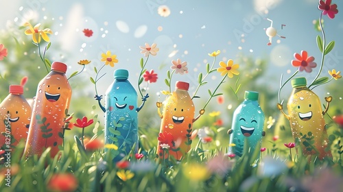 Cheerful Plastic Bottle Characters Promoting Eco Friendly Recycling for Children