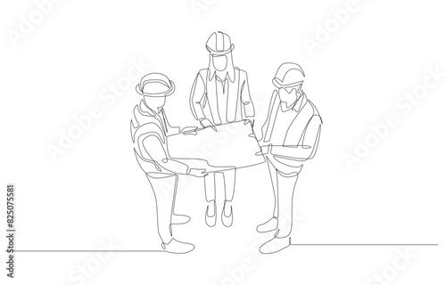 Continuous one line drawing of female construction manager discussing construction blueprint with two foremen, construction-related business concept, single line art.