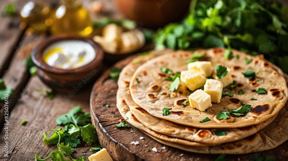 A plate of tortillas with butter and parsley on top. The plate is on a wooden table