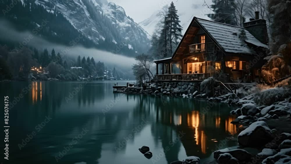 Lonely cozy house in a winter forest of mountains background , A lonely cabin near a lake