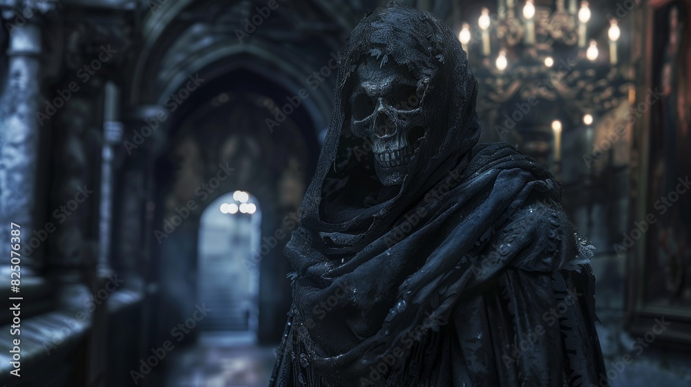 Hooded Skeleton in Ornate Gothic Hallway
