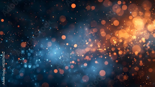 Abstract bokeh lights on a dark background, with orange and blue colors. Shiny glowing particles with a blurred defocused effect. 