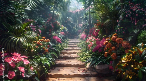 lush botanical garden, alive with vibrant colors and fragrances