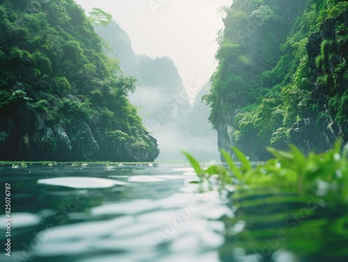 A lush green valley with a river running through it. The water is calm and clear, and the trees are tall and dense. The scene is peaceful and serene photo