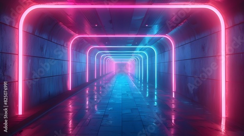 Abstract futuristic background with neon lights in a tunnel or corridor in a dark room. Glowing blue and pink lines on the wall create a virtual reality space concept. 