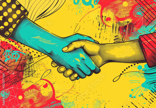 Handshake theme  on yellow background 