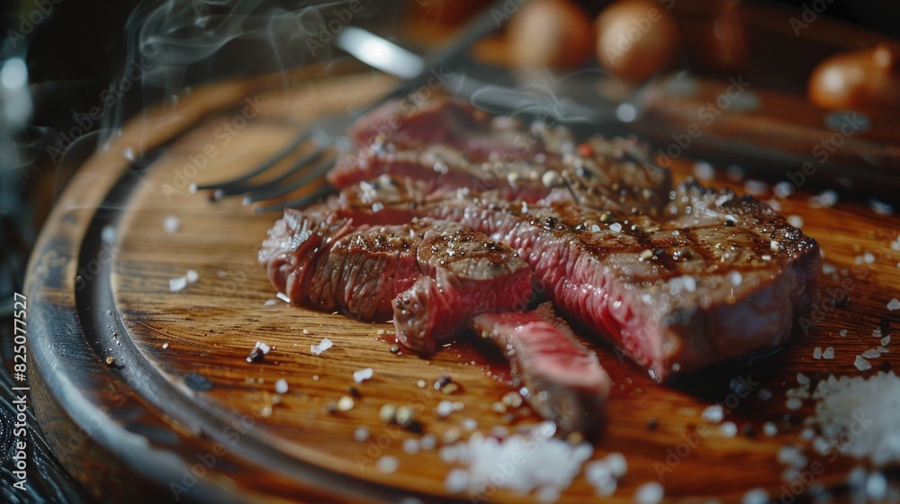 A piece of meat is on a wooden cutting board with salt and pepper sprinkled on it. The meat is cut in half and is being cooked on a grill. Concept of anticipation and excitement for the meal to come A piece of meat is on a wooden cutting board with salt and pepper sprinkled on it. The meat is cut in half and is being cooked on a grill. Concept of anticipation and excitement for the meal to come