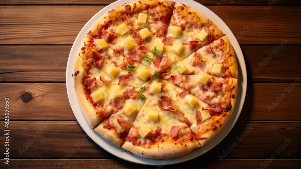 A pizza with pineapple and ham toppings sits on a wooden table. The pizza is cut into eight slices and is ready to be eaten A pizza with pineapple and ham toppings sits on a wooden table. The pizza is cut into eight slices and is ready to be eaten