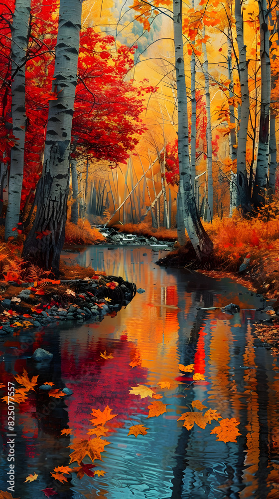 Tranquil Autumn Forest with Colorful Leaves and Flowing Stream Reflecting Nature's Annual Cycle