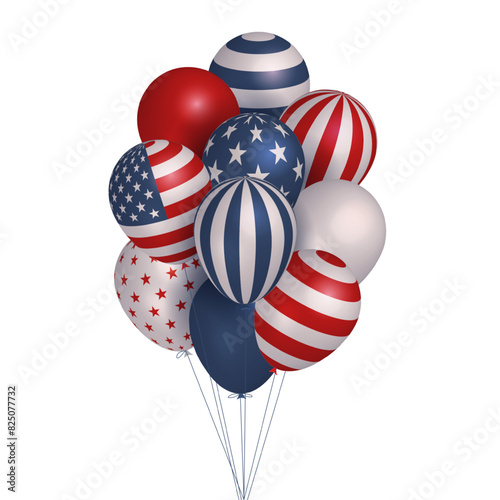 Big bunch of 3d realistic balloons in American, USA color with stars and stripes. Huge bouquet of various helium toys. Vector illustration for card, flyer, poster, banner, web, advertising.