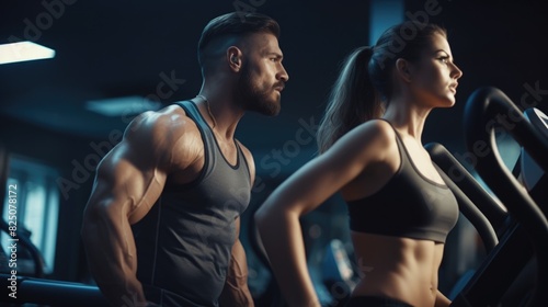A man and a woman are on a treadmill in a gym. The man is wearing a grey tank top and the woman is wearing a black tank top