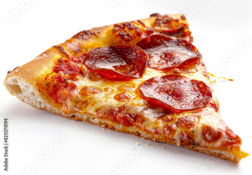 Slice of pepperoni pizza on a white background
