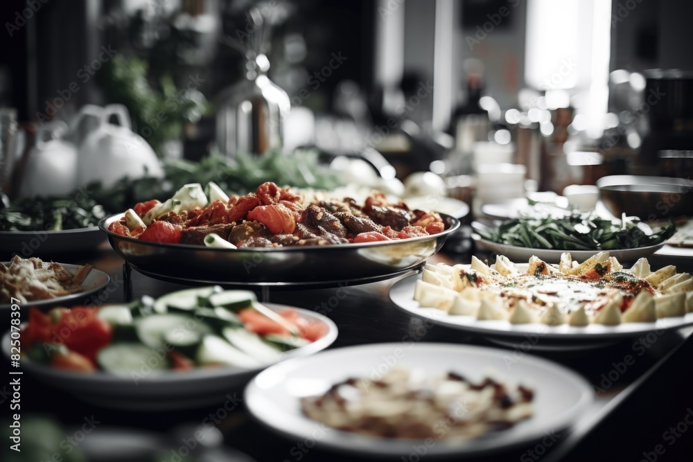 A table full of food with a variety of dishes including a salad, a plate of meat, and a bowl of vegetables A table full of food with a variety of dishes including a salad, a plate of meat, and a bowl of vegetables