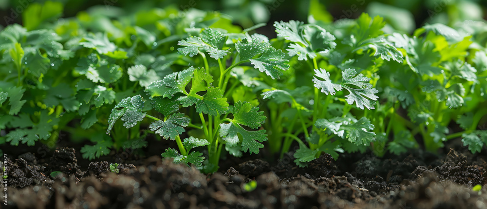 Coriander growing in a garden bed, healthy greens Coriander growing in a garden bed, healthy greens