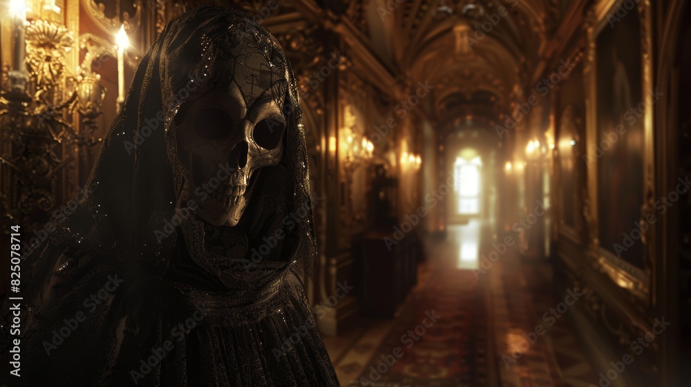 Hooded Skeleton in Ornate Gothic Hallway
