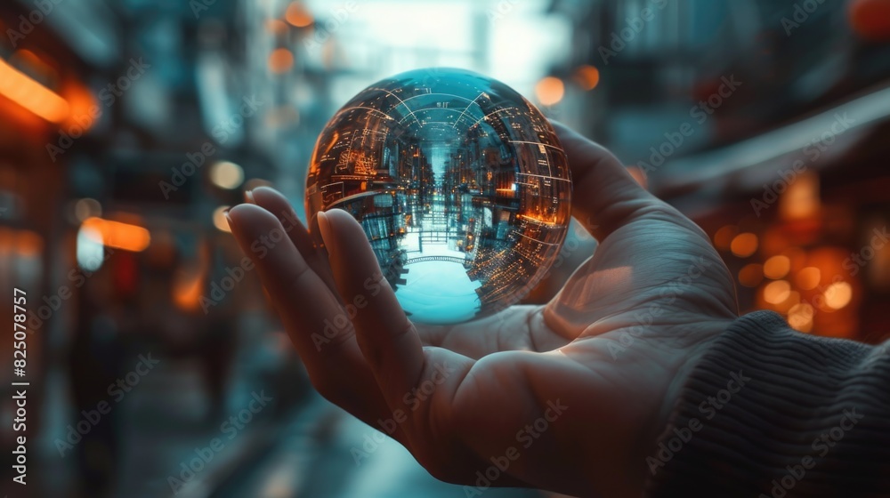 Fototapeta premium A hand holding a glass ball with a reflection of the city in it. The image has a dreamy, surreal quality to it, as if the city is floating in the air