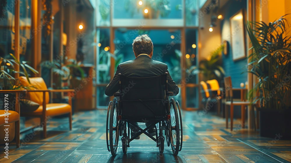 Rear close-up of disabled man in wheelchair in office Rear close-up of disabled man in wheelchair in office