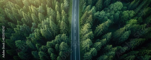 Aerial view of a road cutting through a dense forest with lush green foliage in the morning light, showcasing nature's beauty and serenity. photo