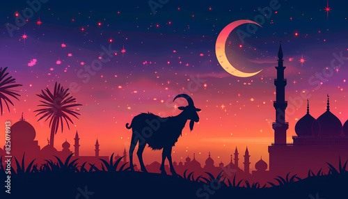 eid al adha banner illustration  silhouette of goat with mosque at night