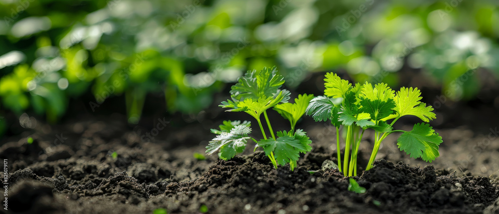 Coriander plant in rich soil Coriander plant in rich soil