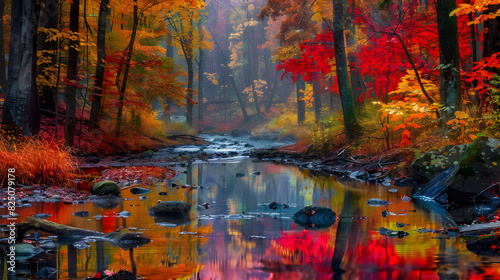 Tranquil Autumn Forest with Colorful Leaves and Flowing Stream Reflecting Nature's Annual Cycle
