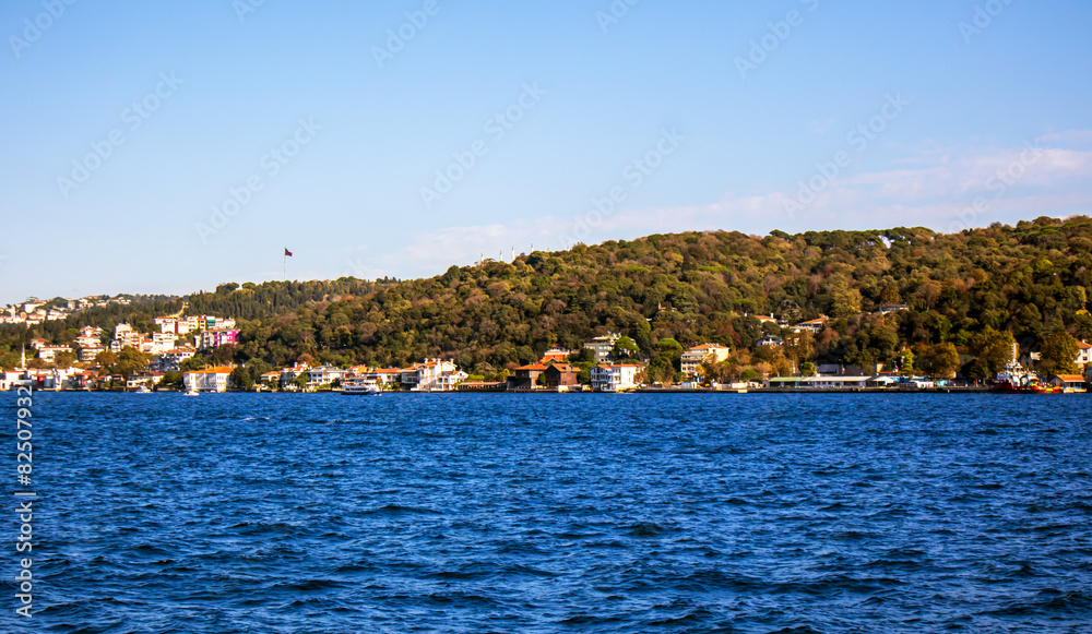 Obraz premium view of uskudar district cityscape, forest and bosphorus in istanbul 