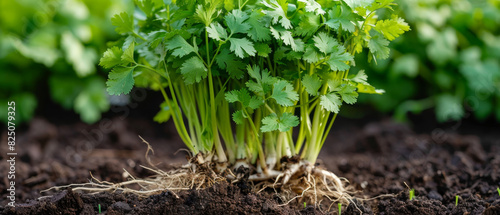 Coriander plant with roots exposed photo