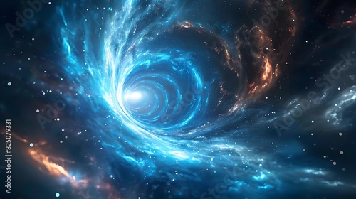 Blue light rays in space with a dark background, showing a light speed effect. The blue glow is coming from the center of an abstract black hole or wormhole. 