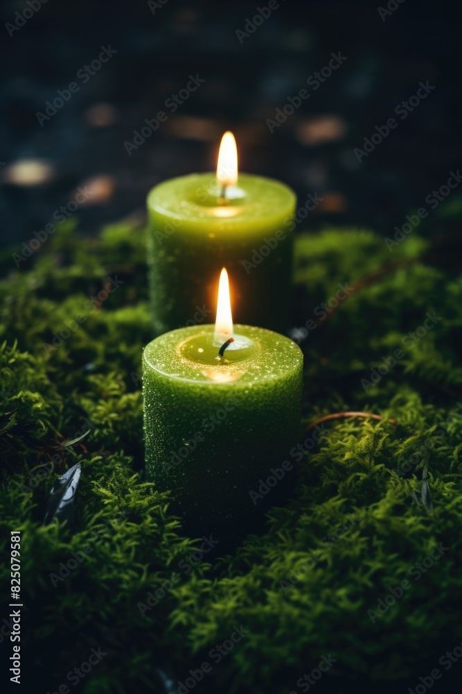 Two green candles are lit on a mossy ground. The candles are surrounded by green moss and leaves. The scene has a peaceful and calming mood Two green candles are lit on a mossy ground. The candles are surrounded by green moss and leaves. The scene has a peaceful and calming mood