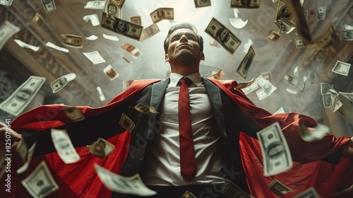 Super business man wears black suits and red robes with super heroes winner concept on a lot of money dollars background and riches. Investors receive a lot of profits. Generative AI.