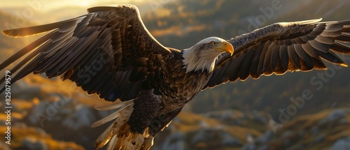 Soaring eagle with outstretched wings against mountain backdrop photo