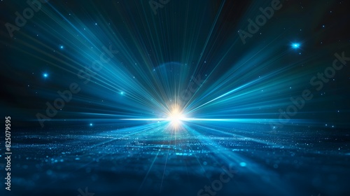 Blue light rays in space with a dark background, showing a light speed effect. The blue glow is coming from the center of an abstract black hole or wormhole.
