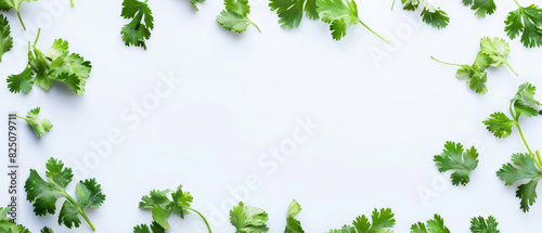 Fresh coriander leaves on white background, copy space