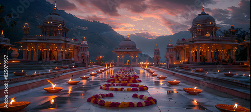  A dawn scene of a temple courtyard illuminated by the first light of day, with Diwali decorations and candles, creating a peaceful atmosphere photo