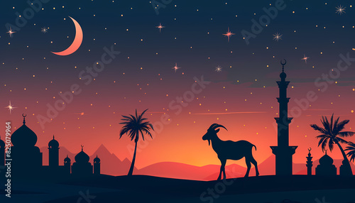 eid al adha banner illustration  silhouette of goat with mosque at night