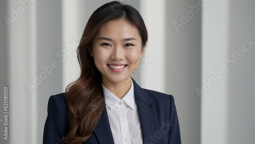 Young Asian woman, professional entrepreneur standing in office clothing, smiling and looking confident background