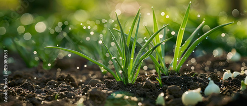 Spring onions growing in a garden bed with morning dew photo
