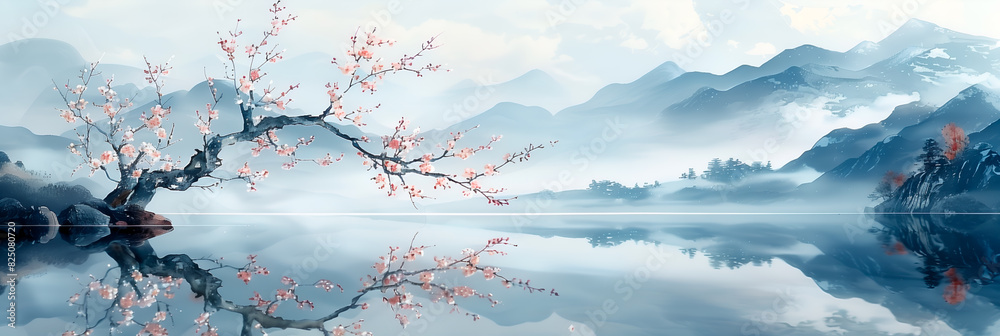Peinture d'un paysage de montagnes et brume sur un lac avec un cerisier en fleurs