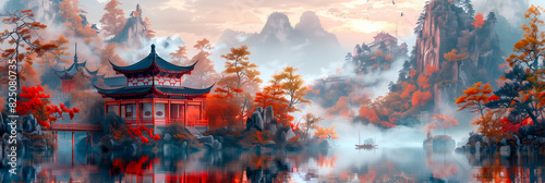 Paysage de montagnes avec des pagodes et brume style aquarelle photo