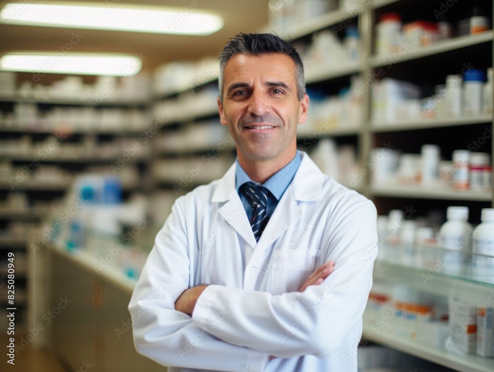 A man in a white lab coat stands in a pharmacy with his arms crossed. He is smiling and he is proud of his work A man in a white lab coat stands in a pharmacy with his arms crossed. He is smiling and he is proud of his work