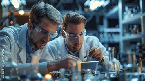 Two young men, analyzing a gleaming silver large capacitor in electronic lab, making notes on a digital tablet, tools and schematics in the background. Generative AI.
