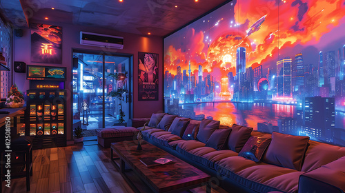 dynamic printable graffiti mural depicting a futuristic cyberpunk cityscape perfect for enhancing the walls of a gaming lounge immersing players in a hightech urban adventure © HaiderShah