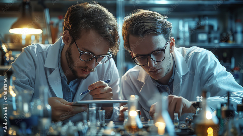 Two young men, analyzing a gleaming silver large capacitor in electronic lab, making notes on a digital tablet, tools and schematics in the background. Generative AI. Two young men, analyzing a gleaming silver large capacitor in electronic lab, making notes on a digital tablet, tools and schematics in the background. Generative AI.