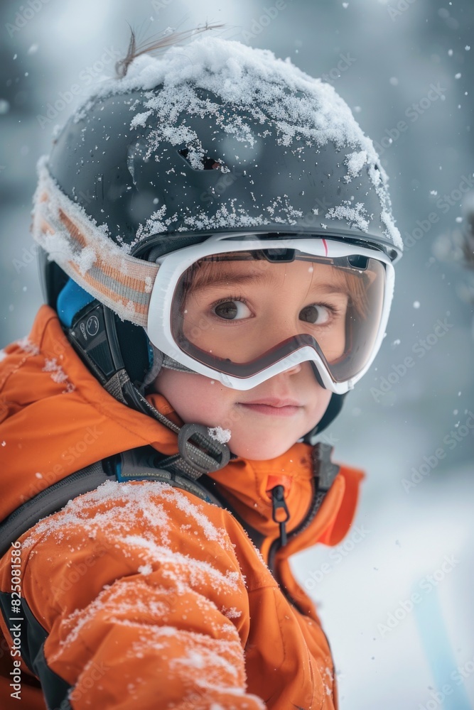 A young boy wearing a bright orange jacket and goggles is standing in the snow. He is wearing a helmet and goggles, and he is looking at the camera A young boy wearing a bright orange jacket and goggles is standing in the snow. He is wearing a helmet and goggles, and he is looking at the camera