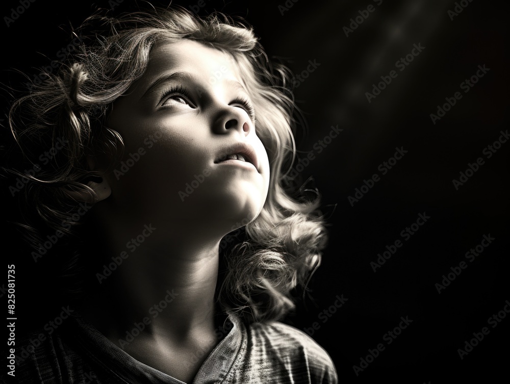 A young girl with long hair is looking up at the sky. The image has a moody and contemplative feel, as if the girl is lost in thought or pondering the mysteries of the universe