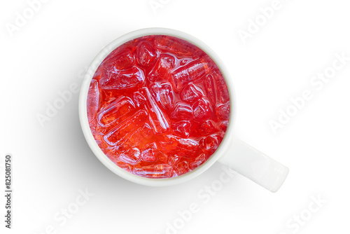 White mug of red juice isolated on white background. Top view. Flat lay. Clipping path.