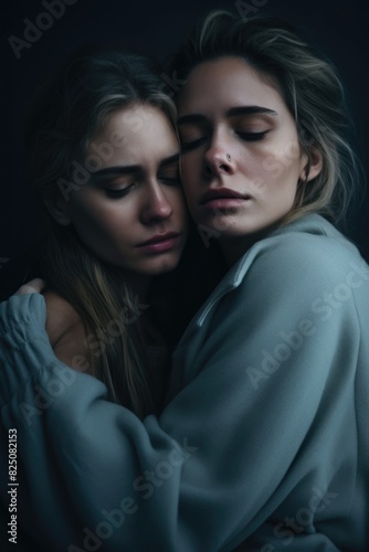 Two women are hugging each other in a dark room. Scene is one of comfort and closeness © vefimov