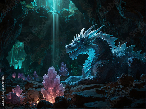 Mystical Ice Dragon in Crystal Cave