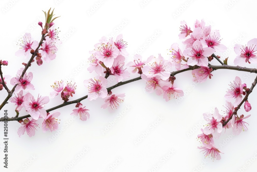 A long pink branch with many pink flowers. Concept of beauty and delicacy, as the flowers are small and delicate A long pink branch with many pink flowers. Concept of beauty and delicacy, as the flowers are small and delicate